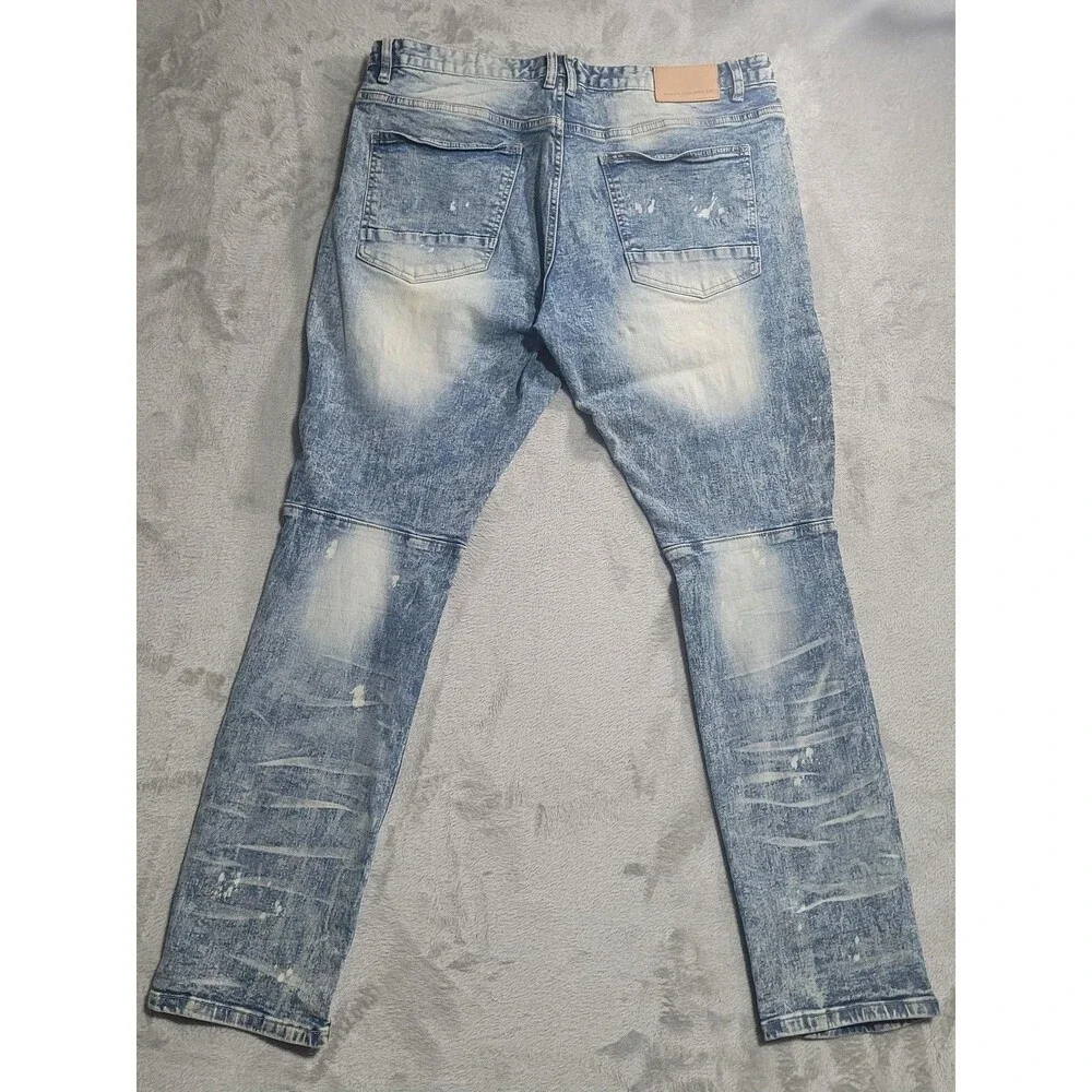Smoke Rise Jeans Mens 38x34 Blue Light Wash Distressed Ripped Tapered Denim